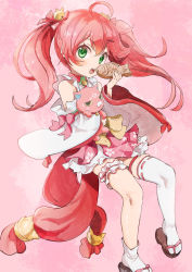 Rule 34 | 1girl, aged down, ahoge, alternate hairstyle, bare shoulders, bell, bridal garter, cat, cherry blossom print, detached sleeves, floral print, food, frills, green eyes, hair bell, hair ornament, hairclip, highres, hololive, kintoki (sakura miko), looking at viewer, open mouth, pink background, pink hair, sakura miko, sakura miko (1st costume), sandals, single thighhigh, taiyaki, teeth, thighhighs, tongue, twintails, upper teeth only, virtual youtuber, wagashi, white thighhighs, x hair ornament, yohane
