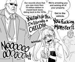 Rule 34 | 1girl, 2boys, absurdres, arm hair, arrest, bald, bb (baalbuddy), beard, black dress, crying, crying with eyes open, cuffs, dress, english text, facial hair, fat, fat man, formal, glasses, greyscale, handcuffs, highres, irs, italy, left-to-right manga, monochrome, multiple boys, necktie, original, profanity, suit, sunglasses, tears, twintails, vampire