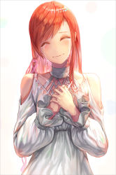 Rule 34 | 1girl, bare shoulders, blush, closed eyes, closed mouth, clothing cutout, crying, dress, final fantasy, final fantasy xiv, hair ribbon, highres, long hair, orange hair, own hands together, pink ribbon, puffy sleeves, ribbon, ryne waters, saikoro (et1312), shoulder cutout, smile, solo, sparkle, teardrop, tears, white dress