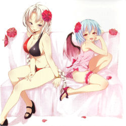 Rule 34 | 2girls, absurdres, aqua hair, bikini, breasts, buriki, cleavage, feet, female focus, flower, hibiscus, high heels, highres, large breasts, leg ribbon, leg up, lips, long hair, multiple girls, naughty face, open shoes, red eyes, remilia scarlet, ribbon, scan, scan artifacts, shoes, short hair, sitting, small breasts, swimsuit, thigh ribbon, toes, tongue, touhou, white hair, wings, yagokoro eirin