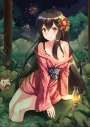 Rule 34 | 1girl, absurdres, arm support, bag, black hair, blush, breasts, cleavage, collar, fireworks, flower, hair between eyes, hair flower, hair ornament, highres, holmemee, japanese clothes, kimono, lamp, large breasts, long hair, looking at viewer, night, obi, original, outdoors, red flower, red kimono, sash, shiny skin, sitting, smile, soaking feet, solo, very long hair, water, yellow eyes, yukata