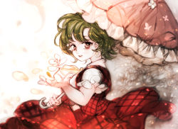 Rule 34 | abstract background, bad id, bad pixiv id, dress, earrings, green hair, holding, holding umbrella, jewelry, kazami yuuka, majamari, open mouth, outstretched hand, parasol, petals, red dress, red eyes, short hair, sketch, solo, touhou, umbrella, wind