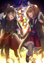 Rule 34 | 2girls, ahoge, alternate costume, animal ears, black coat, black footwear, black gloves, black hair, black headwear, black jacket, black pantyhose, black vest, blurry, blurry background, bokeh, boots, bow, bowtie, braid, brown hair, christmas, coat, crown braid, depth of field, ear covers, eye contact, gloves, grey sweater, grey thighhighs, hairband, hand on own hip, hat, highres, holding hands, horse ears, horse girl, horse tail, jacket, long hair, long sleeves, looking at another, manhattan cafe (umamusume), multicolored hair, multiple girls, open clothes, open coat, open mouth, pantyhose, red skirt, safety pin, shirt, short hair, skirt, smile, streaked hair, sweater, tail, thighhighs, tks (526tks), turtleneck, turtleneck sweater, umamusume, vest, walking, white shirt, yellow eyes, yukino bijin (umamusume)