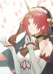 Rule 34 | 1girl, absurdres, bare shoulders, blue eyes, breasts, cleavage, dress, elbow gloves, fate/apocrypha, fate (series), frankenstein&#039;s monster (fate), gloves, hands up, heterochromia, highres, horns, looking up, open mouth, petals, red hair, see-through, see-through cleavage, short hair, single horn, sleeveless, sleeveless dress, small breasts, solo, upper body, veil, white gloves, yellow eyes, zonotaida