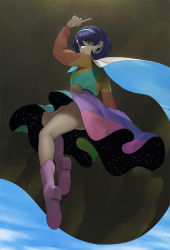 Rule 34 | 1girl, blue cape, boots, brown eyes, cape, commentary, dress, hairband, long sleeves, looking at viewer, looking back, multicolored clothes, multicolored dress, multicolored hairband, ni (221), open mouth, pointing, pointing up, purple footwear, purple hair, rainbow gradient, short hair, sky print, solo, starry sky print, tenkyuu chimata, touhou