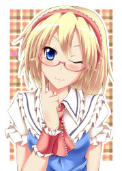 Rule 34 | 1girl, alice margatroid, bespectacled, blonde hair, blue dress, blue eyes, blush, capelet, dress, glasses, hairband, heart, ikue fuuji, looking at viewer, one eye closed, red-framed eyewear, smile, solo, touhou, wink, wrist cuffs
