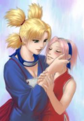 Rule 34 | 2girls, artist request, bare arms, blonde hair, blush, breasts, cleavage, closed eyes, couple, dress, facing another, female focus, forehead protector, green eyes, hair ribbon, hair tie, hairband, hand on another&#039;s face, hand up, happy, haruno sakura, height difference, holding own arm, imminent kiss, long hair, long sleeves, looking at another, multiple girls, naruto, naruto (series), parted bangs, parted lips, pink hair, quad tails, red dress, ribbon, short hair, sleeveless, sleeveless dress, smile, standing, temari (naruto), upper body, yuri