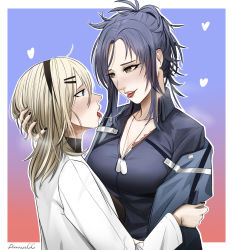 Rule 34 | 2girls, angelia (girls&#039; frontline), artist name, black hairband, black nails, black shirt, blonde hair, blue eyes, blue hair, blue shirt, blush, breasts, brown eyes, collarbone, commentary, commission, darkpulsegg, english commentary, french kiss, girls&#039; frontline, hair ornament, hairband, hairclip, hand on own head, heart, heart print, highres, hug, hug from behind, jewelry, kiss, lips, long hair, looking at another, medallion, medium breasts, multiple girls, nail polish, necklace, open mouth, parted lips, robe, saliva, saliva trail, scar, scar on breasts, shaw (girls&#039; frontline), shirt, simple background, smile, teeth, tongue, tongue out, turtleneck, upper body, upper teeth only, white robe, yuri