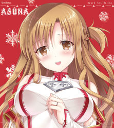 Rule 34 | 10s, 1girl, asuna (sao), bad id, bad pixiv id, brown eyes, brown hair, character name, close-up, jewelry, long hair, looking at viewer, open mouth, ring, snowflakes, solo, sousouman, sword art online, wedding ring