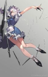 Rule 34 | 1girl, apron, blue eyes, blurry, bow, braid, colorized, covering one eye, dagger, depth of field, fingernails, foreshortening, full body, gradient background, grey background, hair bow, hair ornament, highres, izayoi sakuya, knife, long fingernails, maid headdress, msmusui, outstretched arm, puffy sleeves, ribbon, shirt, short hair, short sleeves, silver hair, simple background, sketch, skirt, skirt set, solo, touhou, twin braids, twitter username, vest, waist apron, weapon