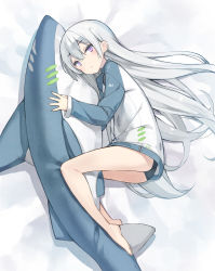 Rule 34 | 1girl, ass, barefoot, bed sheet, black panties, blush, closed mouth, commentary request, full body, hair between eyes, highres, jacket, long sleeves, looking at viewer, lying, on side, original, panties, poco (asahi age), purple eyes, silver hair, sleeves past wrists, solo, stuffed animal, stuffed shark, stuffed toy, underwear, white jacket