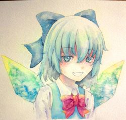Rule 34 | 1girl, blue eyes, blue hair, bow, cirno, grin, hair bow, highres, ice, ice wings, matching hair/eyes, painting (medium), smile, solo, touhou, traditional media, watercolor (medium), wings, yuyu (00365676)