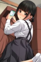 Rule 34 | 1girl, absurdres, black hair, black skirt, blush, brown eyes, cat hair ornament, cellphone, couch, feet out of frame, hair ornament, highres, holding, holding phone, indoors, legs up, long sleeves, looking at viewer, looking back, low ponytail, lying, matsunaga kouyou, no shoes, nose blush, on couch, on stomach, original, parted lips, phone, pleated skirt, ponytail, school uniform, shirt, sidelocks, skirt, socks, solo, suspender skirt, suspenders, white shirt, white socks, wooden floor