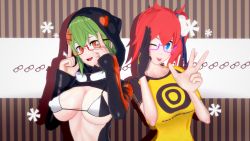 Rule 34 | 2girls, aiba ami, bikini, breasts, cleavage, digimon, digimon story: cyber sleuth, glasses, highres, hood, large breasts, looking at viewer, multiple girls, shinomiya rina, swimsuit, tongue, tongue out