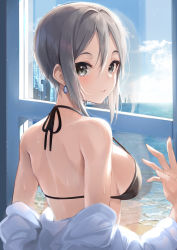 Rule 34 | 1girl, absurdres, back, back focus, backless outfit, bad id, bad pixiv id, bare shoulders, black eyes, blush, breasts, closed mouth, cloud, commentary request, day, earrings, from behind, green eyes, hair between eyes, halterneck, hand up, highres, idolmaster, idolmaster cinderella girls, indoors, jacket, jewelry, large breasts, looking at viewer, looking back, medium breasts, nao (okt8538), ocean, off shoulder, shiomi syuko, short hair, sideboob, silver hair, smile, solo, swimsuit, undressing, upper body, water, wet, white jacket, window