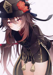Rule 34 | 1girl, absurdres, black hat, black jacket, blush, brown hair, commentary, cowboy shot, flower, genshin impact, grey background, hair between eyes, hat, hat flower, highres, hu tao (genshin impact), jacket, leaning forward, long hair, long sleeves, looking at viewer, red eyes, red flower, simple background, smile, solo, standing, the cold, thighs, very long hair, white background