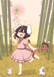 Rule 34 | 1girl, :d, animal ears, arm up, bamboo, bamboo forest, barefoot, black hair, blush, carrot necklace, clover, commentary request, dokuta, dress, flat chest, floppy ears, forest, four-leaf clover, full body, grass, hair between eyes, highres, inaba tewi, jewelry, leg ribbon, looking up, medium bangs, nature, necklace, open mouth, pink dress, puffy short sleeves, puffy sleeves, rabbit, rabbit ears, rabbit girl, rabbit tail, red eyes, red ribbon, ribbon, ribbon-trimmed dress, short hair, short sleeves, smile, solo, sparkle, standing, standing on one leg, tail, touhou