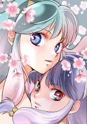 Rule 34 | 2girls, absurdres, bell, blue eyes, brown eyes, cherry blossoms, creator connection, crossover, from side, frown, hair behind ear, hair bell, hair ornament, highres, horns, long hair, looking at viewer, looking to the side, lum, multiple girls, parted lips, pointy ears, purple hair, ranma 1/2, shampoo (ranma 1/2), snow (snowsnow211), urusei yatsura