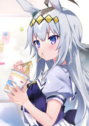 Rule 34 | 1girl, :t, absurdres, ahoge, animal ears, blouse, blue eyes, blue shirt, blush, chopsticks, closed mouth, commentary request, cup, disposable cup, eating, food, grey hair, highres, holding, holding chopsticks, holding cup, horse ears, kurimochi chizuru, long hair, nissin cup noodle, noodles, oguri cap (umamusume), pleated skirt, puffy short sleeves, puffy sleeves, purple shirt, school uniform, shirt, short sleeves, skirt, solo, tracen school uniform, umamusume, upper body, very long hair, white skirt