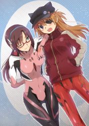 Rule 34 | &gt;:o, 10s, 2girls, :o, ;3, animal hat, bad id, bad pixiv id, badge, blue eyes, blush, brown hair, button badge, cat hat, evangelion: 3.0 you can (not) redo, eyepatch, glasses, hairband, hands in pockets, hat, highres, jacket, long hair, makinami mari illustrious, multiple girls, natsu natsuna, neon genesis evangelion, one eye closed, open mouth, orange hair, plugsuit, rebuild of evangelion, sketch, smile, souryuu asuka langley, track jacket, track suit, twintails, v-shaped eyebrows