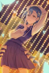 Rule 34 | 1girl, absurdres, arm over head, blue butterfly, blue hair, blue shirt, blue skirt, breasts, bug, butterfly, closed mouth, commentary, cowboy shot, crossed bangs, dutch angle, epaulettes, hair between eyes, hair ornament, highres, insect, long sleeves, looking at viewer, love live!, love live! superstar!!, medium breasts, miniskirt, official alternate costume, pleated skirt, puffy long sleeves, puffy sleeves, shirt, short hair, sing! shine! smile!, skirt, smile, solo, star (symbol), star hair ornament, starlight prologue, sunkeun, wakana shiki, white sleeves, yellow eyes