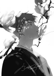 Rule 34 | 1boy, absurdres, blurry, branch, closed mouth, dappled sunlight, depth of field, flower, from side, frown, greyscale, highres, japanese clothes, kimono, looking away, looking up, male focus, mob psycho 100, monochrome, portrait, profile, reigen arataka, ruilibing, short hair, signature, simple background, solo, sunlight
