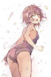 Rule 34 | 1girl, ass, bare shoulders, blue one-piece swimsuit, blush, bob cut, breasts, brown eyes, brown hair, cowboy shot, embarrassed, from behind, hair strand, isshi pyuma, leaning forward, looking at viewer, looking back, messy hair, misaka mikoto, one-piece swimsuit, open mouth, raised eyebrows, short hair, signature, small breasts, solo, splashing, swimsuit, toaru kagaku no railgun, toaru majutsu no index, water drop, white background