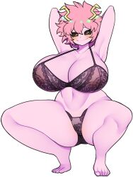 Rule 34 | 1girl, armpits, arms behind head, ashido mina, bellupup, black sclera, blush, boku no hero academia, bra, collarbone, colored sclera, colored skin, covered erect nipples, curvy, feet, highres, horns, looking at viewer, navel, panties, pink hair, pink skin, short hair, simple background, smile, solo, spread legs, squatting, stomach, thick thighs, thighs, tiptoes, toenails, toes, underwear, wide hips, yellow eyes