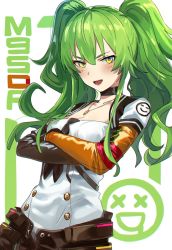 Rule 34 | 1girl, ahoge, arm up, asymmetrical gloves, bad id, bad twitter id, black gloves, blush, breasts, bullet, character name, choker, cleavage, collarbone, crossed arms, elbow gloves, girls&#039; frontline, gloves, green hair, hair between eyes, highres, jewelry, long hair, looking at viewer, m950a (girls&#039; frontline), medium breasts, messy hair, necklace, necktie, open mouth, playing with hair, sidelocks, simple background, smile, solo, twintails, two side up, uneven gloves, upper body, yellow eyes, yomosaka