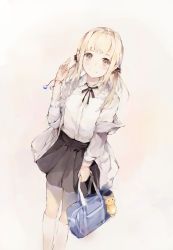 Rule 34 | 1girl, absurdres, bag, bag charm, black ribbon, black skirt, blonde hair, blush, brown eyes, cardigan, charm (object), closed mouth, collared shirt, commentary request, dress shirt, grey cardigan, hanagin, hand up, highres, holding, holding bag, kneehighs, long hair, looking at viewer, neck ribbon, off shoulder, open cardigan, open clothes, original, pleated skirt, ribbon, school bag, shirt, skirt, smile, socks, solo, stuffed animal, stuffed cat, stuffed toy, twintails, white shirt, white socks
