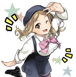 Rule 34 | 10s, 1girl, black footwear, blush, bow, bowtie, brown eyes, dirndl, german clothes, hat, light brown hair, looking at viewer, one eye closed, onozuka hikari, open mouth, pink bow, pink bowtie, shoes, sleeves rolled up, smile, solo, star (symbol), tarazoo, uniform, v, yama no susume