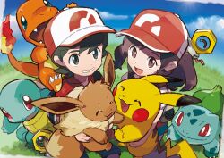 1boy 1girl baseball_cap black_eyes black_hair blue_sky brown_eyes brown_hair bulbasaur charmander chase_(pokemon) commentary_request copyright_name creatures_(company) dated day eevee elaine_(pokemon) flame-tipped_tail game_freak gen_1_pokemon gen_7_pokemon grass hat highres meltan mizutani_megumi mythical_pokemon nintendo official_art outdoors pikachu pokemon pokemon_(creature) pokemon_lgpe ponytail release_date sidelocks sky smile squirtle starter_pokemon_trio third-party_source