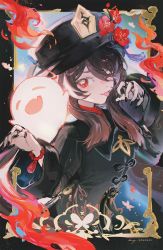 Rule 34 | 1girl, ;p, artist name, black border, black nails, border, brown hair, collared coat, fire, flat chest, flower, flower-shaped pupils, genshin impact, ghost, hair between eyes, hat, hat ornament, highres, hu tao (genshin impact), jewelry, k (sktchblg), long hair, looking at viewer, multiple rings, nail polish, one eye closed, outside border, plum blossoms, porkpie hat, red eyes, ring, sidelocks, signature, solo, symbol-shaped pupils, talisman, tassel, tongue, tongue out, upper body