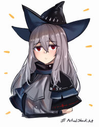 Rule 34 | 1girl, arknights, closed mouth, expressionless, greenopi, grey hair, hair between eyes, hat, highres, looking at viewer, red eyes, simple background, skadi (arknights), solo, upper body, white background