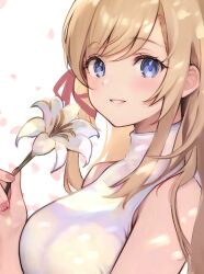 Rule 34 | 1girl, absurdres, bare shoulders, blonde hair, blue eyes, breasts, dress, final fantasy, final fantasy xiv, flower, grin, hair ribbon, high collar, highres, light blush, lilith degree, lily (flower), long hair, looking at viewer, medium breasts, petals, pink nails, ribbon, ryne waters, sidelocks, sleeveless, smile, solo, swept bangs, tareme, upper body, white dress