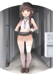 Rule 34 | 1girl, blue necktie, blush, brown eyes, brown footwear, brown hair, censored, clothes lift, collared shirt, gloves, kantai collection, lifted by self, navel, necktie, open mouth, shin (new), shirt, shoes, short hair with long locks, sidelocks, skirt, skirt lift, smile, solo, standing, thighhighs, ukuru (kancolle), white gloves, white shirt, white thighhighs