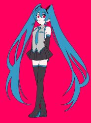 Rule 34 | 1girl, absurdres, black footwear, black skirt, black sleeves, blue hair, blue necktie, boots, collared shirt, detached sleeves, eiku, full body, grey shirt, hatsune miku, highres, long hair, long sleeves, looking at viewer, necktie, pink background, pink eyes, pleated skirt, shirt, simple background, skirt, solo, thigh boots, twintails, very long hair, vocaloid
