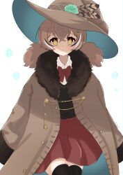 Rule 34 | 1girl, absurdres, ahoge, alternate costume, alternate hairstyle, black sweater, black thighhighs, brown eyes, brown hair, coat, coat on shoulders, collared shirt, dress shirt, feather hair ornament, feathers, fur coat, green flower, hair ornament, hairclip, hat, highres, hololive, hololive english, long hair, looking at viewer, low twintails, magui3, multicolored hair, nanashi mumei, oversized clothes, parted lips, pleated skirt, red ribbon, red skirt, ribbon, runes, shirt, skirt, streaked hair, sweater, thighhighs, twintails, very long hair, virtual youtuber, white shirt, witch, witch hat