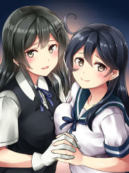 Rule 34 | 10s, 2girls, ahoge, antenna hair, asymmetrical docking, black hair, black vest, blouse, blue hair, blue ribbon, breast press, breasts, brown eyes, buttons, collarbone, from side, gloves, hair ornament, holding hands, height difference, interlocked fingers, kamelie, kantai collection, large breasts, lips, long hair, looking at viewer, medium breasts, multiple girls, neck ribbon, neckerchief, oyashio (kancolle), parted lips, ribbon, school uniform, serafuku, shirt, short sleeves, upper body, ushio (kancolle), white shirt, white gloves, white shirt