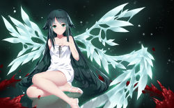 Rule 34 | 1girl, arm behind back, asymmetrical wings, bad id, bad pixiv id, bare arms, bare legs, bare shoulders, black hair, black ribbon, blood, breast suppress, cangkong, closed mouth, dress, flat chest, green eyes, green hair, hair flaps, hand on own chest, highres, light particles, long hair, looking at viewer, reflection, ribbon, saya (saya no uta), saya no uta, shoes, sitting, sleeveless, sleeveless dress, smile, solo, sundress, very long hair, wallpaper, white dress, white footwear, wings