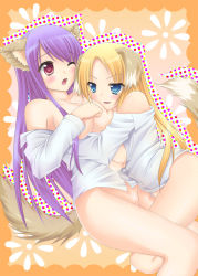 Rule 34 | 2girls, :d, animal ears, bad id, bad pixiv id, blonde hair, blue eyes, blush, bottomless, breasts, carina verritti, cat ears, cat tail, chelsea arcot, dog ears, dress shirt, embarrassed, groin, hug, large breasts, long hair, multiple girls, naughty face, no bra, no pussy, off shoulder, open clothes, open mouth, open shirt, pink eyes, purple hair, shirt, shukufuku no campanella, smile, tail, uni keitai, very long hair, wince, wink, yuri