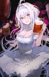 Rule 34 | 1girl, absurdres, age nasuo, ahoge, alcohol, bare shoulders, beer, beer mug, breasts, cleavage, cleavage cutout, clothing cutout, corset, cup, dirndl, dress, fate/grand order, fate (series), german clothes, grin, highres, lady avalon (event portrait) (fate), lady avalon (fate), long hair, looking at viewer, medium breasts, merlin (fate/prototype), mug, pointy ears, purple eyes, smile, solo, white dress, white hair