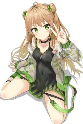 Rule 34 | 1girl, absurdres, ahoge, bare shoulders, black dress, blush, bow, breasts, brown hair, camouflage, camouflage jacket, choker, closed mouth, collarbone, covered navel, double bun, dress, fur trim, girls&#039; frontline, green bow, green eyes, green jacket, hair bow, hair bun, hair ornament, highres, jacket, long hair, long sleeves, looking at viewer, medium breasts, na kyo, off shoulder, rfb (girls&#039; frontline), short dress, sitting, sleeveless, sleeveless dress, smile, solo, striped, thigh strap, v, wariza