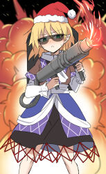 Rule 34 | 1girl, :&lt;, black skirt, blonde hair, blush, brown jacket, closed mouth, crying, e.o., explosion, feet out of frame, fire, green eyes, hat, highres, holding, holding weapon, jacket, layered sleeves, long sleeves, mizuhashi parsee, pointy ears, pom pom (clothes), red hat, santa hat, short hair, short over long sleeves, short sleeves, skirt, solo, streaming tears, tears, touhou, weapon