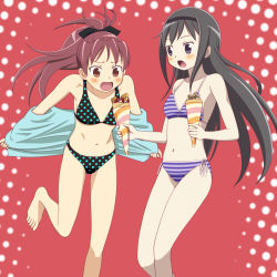 Rule 34 | 10s, 2girls, :o, akemi homura, bikini, black hair, blush, bow, cap (dkdm-d), cowboy shot, crepe, food, full body, hair bow, hairband, ice cream, jacket, jacket off shoulders, long hair, looking at another, mahou shoujo madoka magica, mahou shoujo madoka magica (anime), multiple girls, off shoulder, open mouth, polka dot, polka dot bikini, polka dot swimsuit, ponytail, red background, red eyes, red hair, sakura kyoko, simple background, standing, striped bikini, striped clothes, surprised, swimsuit, tripping