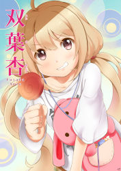 Rule 34 | &gt;:d, 10s, 1girl, :d, ahoge, blonde hair, blush, breasts, brown eyes, candy, character name, circle, collarbone, digital media player, earbuds, earphones, food, futaba anzu, grin, hair tie, holding, holding candy, holding food, holding lollipop, holding stuffed toy, idolmaster, idolmaster cinderella girls, lollipop, long hair, looking at viewer, low twintails, multicolored background, open mouth, oversized clothes, sasha chii, shirt, short sleeves, sidelocks, signature, small breasts, smile, solo, stuffed animal, stuffed rabbit, stuffed toy, swirl lollipop, t-shirt, teeth, twintails, upper body, v-shaped eyebrows, very long hair, white shirt