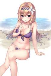 Rule 34 | 1girl, arm support, bare arms, bare shoulders, beach, bikini, blue eyes, blush, breasts, cleavage, collarbone, commentary request, flower, front-tie bikini top, front-tie top, granblue fantasy, hair between eyes, hair flower, hair ornament, highres, jeanne d&#039;arc (granblue fantasy), light brown hair, long hair, looking at viewer, medium breasts, navel, parted lips, purple bikini, sand, side-tie bikini bottom, sitting, solo, swimsuit, very long hair, water, white background, white flower, ym (distance819)