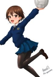 Rule 34 | 10s, 1girl, alternate costume, artist name, bad id, bad twitter id, ball, black footwear, black necktie, black pantyhose, blue skirt, blue sweater, brown eyes, brown hair, dress shirt, emblem, from side, girls und panzer, haruhata mutsuki, holding, holding ball, isobe noriko, leg up, loafers, long sleeves, looking at viewer, miniskirt, necktie, open mouth, pantyhose, playing sports, pleated skirt, school uniform, shirt, shoes, short hair, signature, simple background, skirt, smile, solo, st. gloriana&#039;s school uniform, standing, standing on one leg, sweater, twitter username, v-neck, volleyball, volleyball (object), white background, white shirt
