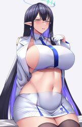 Rule 34 | 1girl, adapted costume, black hair, blue archive, blue hair, blush, breasts, collarbone, glasses, gloves, half gloves, halo, highres, huge breasts, jacket, large breasts, looking at viewer, midriff, multicolored hair, ootori subaru, open clothes, open jacket, pointy ears, revealing clothes, rin (blue archive), sitting, skirt, solo, thighhighs, two-tone hair, white gloves, white jacket, white skirt