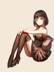 Rule 34 | 1girl, absurdres, black footwear, brown background, brown hair, brown skirt, brown thighhighs, corset, frilled skirt, frills, from side, full body, hands on own knees, high heels, highres, katou megumi, light smile, looking at viewer, over-kneehighs, own hands together, pillow, saenai heroine no sodatekata, shoes, short hair, simple background, sitting, skirt, sleeveless, smile, solo, striped clothes, striped thighhighs, thighhighs, thighs, vertical-striped clothes, vertical-striped thighhighs, x-red flower